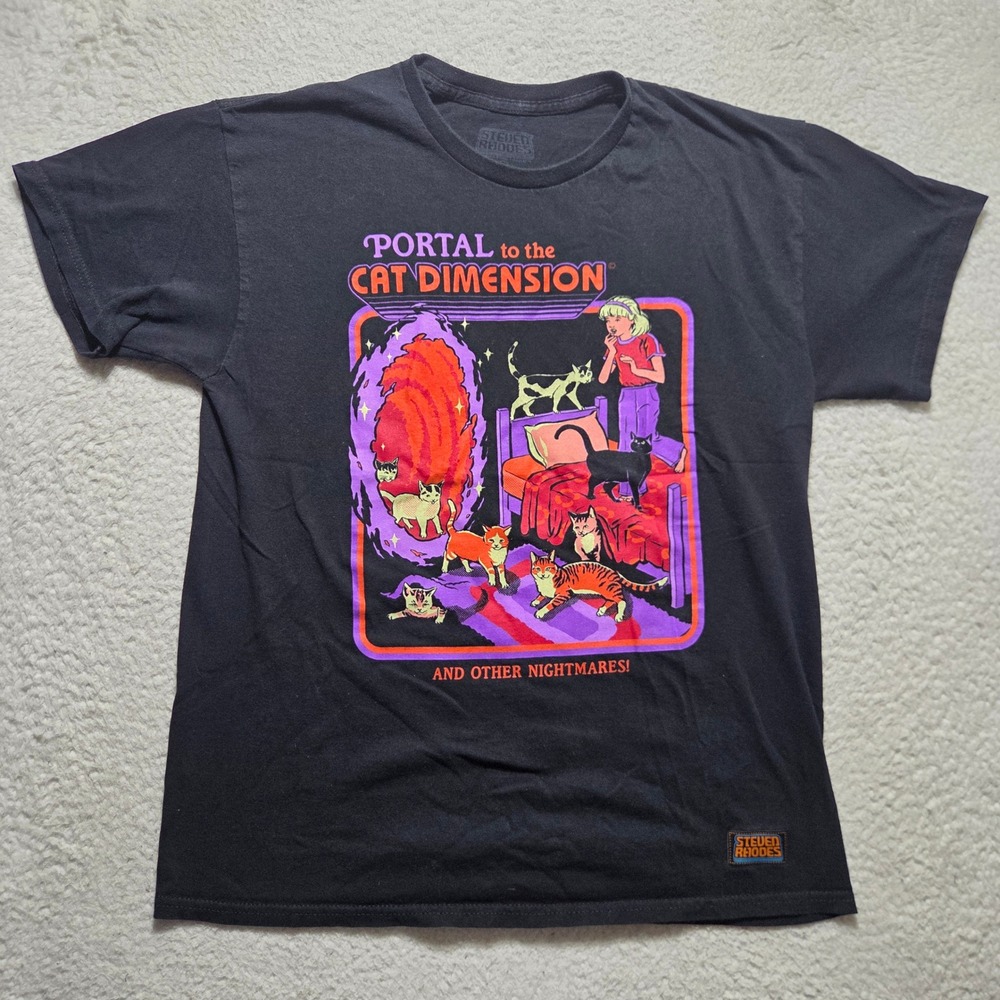 Steven Rhodes T Shirt Mens Large Black Portal to the Cat Dimension Graphic